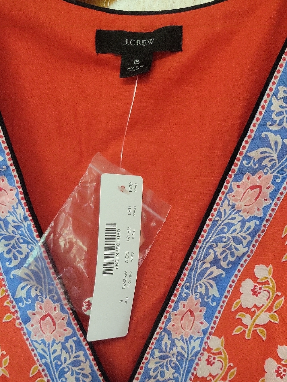 J. Crew Red Printed Button Front Midi Dress with Blue Trim size 6 NWT - Picture 5 of 8